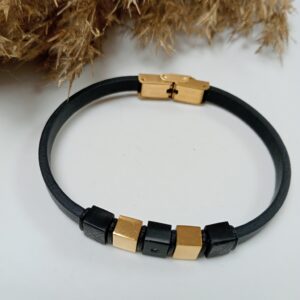 Kesme Gold Black Deri-Çelik Erkek Bileklik